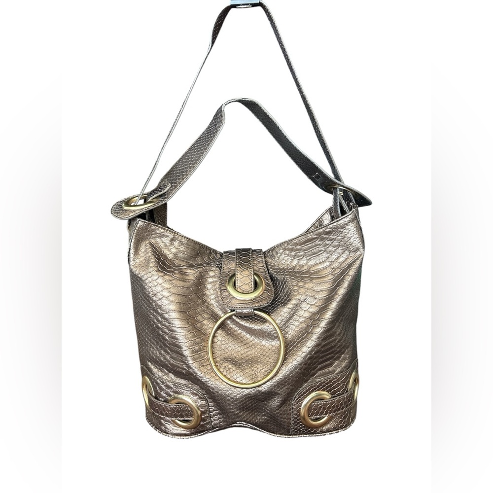 Big Buddha, Gold O Ring Faux Snakeskin Handbag Bucket Shoulder.